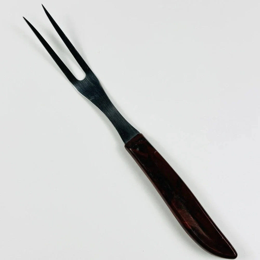 Vintage Quikut Meat Serving Fork 2 Tines Tenite Styron Marbled‎ Plastic Handle